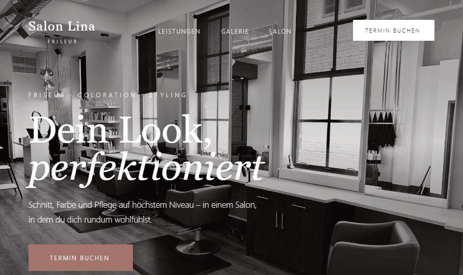 Website-Konzept Salon Lina — eleganter Friseursalon mit Editorial-Bildwelt und Preisliste